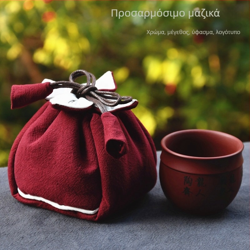 Φορητή σακούλα με κορδόνια για σκεύη τσαγιού, κατάλληλη για μια κούπα και μια τσαγιέρα, με κεντημένο λογότυπο, βαμβακο-λίνο ύφασμα