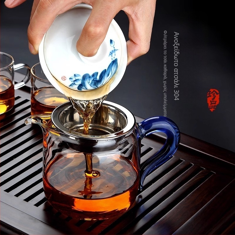 Σετ Gongfu τσαγιού από παχύτερο θερμοανθεκτικό γυαλί με φίλτρο και ενσωματωμένο ποτήρι σερβιρίσματος – οικιακό εξοπλισμό τσαγιού