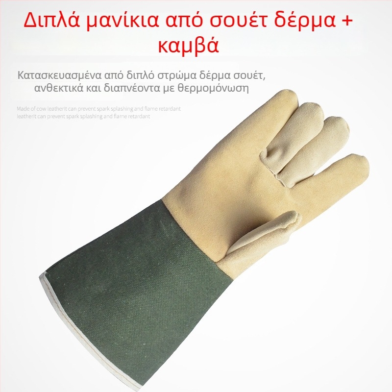 Think Weian Πράσινα γάντια συγκόλλησης με κανβάς μανσέτα και δέρμα βοδινού, αντι-καψίματα, φλογοανθεκτικά, παχύτερα, ημι-δέρμα, για ηλεκτροσυγκόλληση
