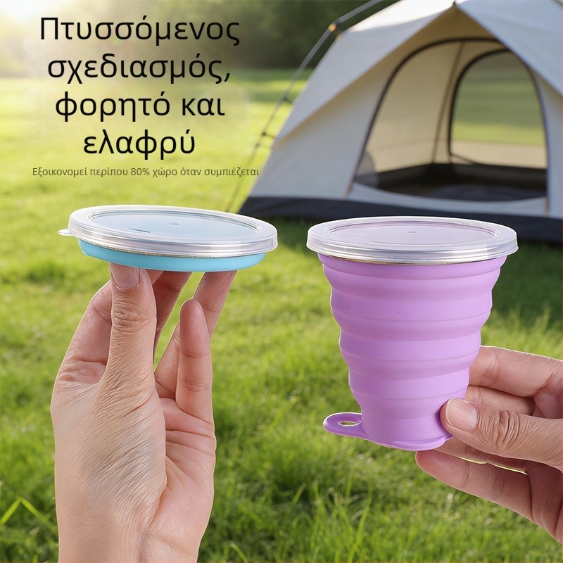 Αναδιπλούμενο φλιτζάνι για υπαίθριο κάμπινγκ με καπάκι, φορητό κύπελλο νερού από σιλικόνη τροφίμου, κύπελλο οδοντόβουρτσας