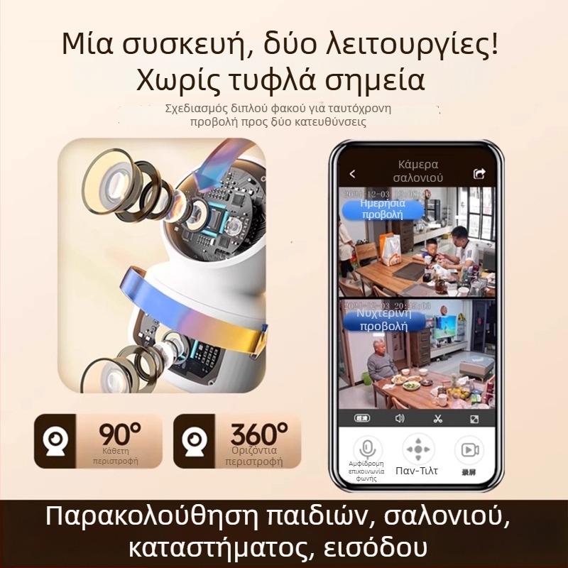 Εσωτερική κάμερα επιτήρησης με διπλό φακό, 360° περιστροφή και ενδοεπικοινωνία