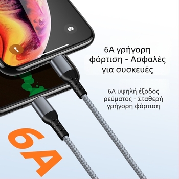 Πλεγμένο καλώδιο αυτοκινήτου γρήγορης φόρτισης 3-σε-1 με διπλή έξοδο για Apple 17 и Huawei — θύρες Lightning, Micro-USB και Type-C, 6A, μήκος 1–2 m