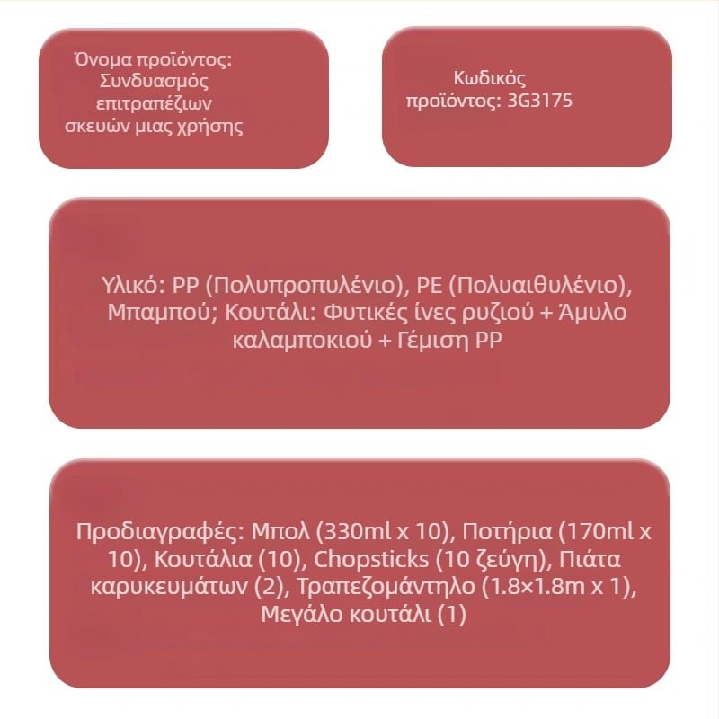 Μίας χρήσης πλαστικό σετ ειδών τραπεζιού με μπολ, chopsticks, ποτήρι και πιάτο για εξωτερικό κάμπινγκ