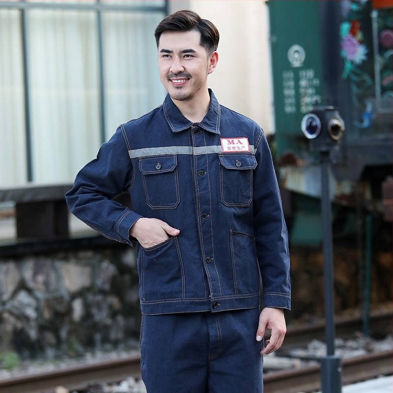 Σετ denim εργασίας για άνδρες και γυναίκες, ενισχυμένος μακρύς μανίκας για επισκευές αυτοκινήτων και μηχανών, εργοστάσιο, κατασκευή, συγκόλληση, με ανακλαστικά στοιχεία