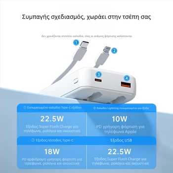 ZUZG3c πιστοποιημένο μίνι power bank με ενσωματωμένο καλώδιο, 22.5W ταχεία φόρτιση, 20 000 mAh