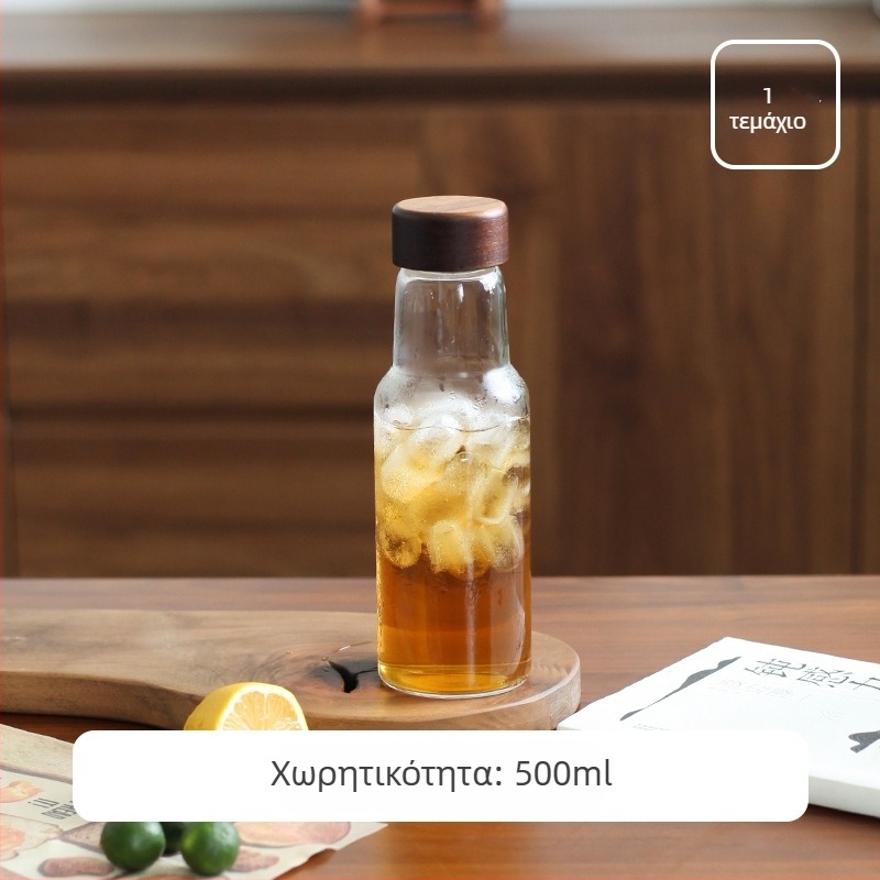 Γυάλινο μπουκάλι ποτών με ξύλινο φελλό, ανθεκτικό σε υψηλές θερμοκρασίες, 500 ml. Για χυμούς, τσάι με γάλα, κρύο νερό, κρασί από πράσινα δαμάσκηνα και μείγματα ενζύμων.