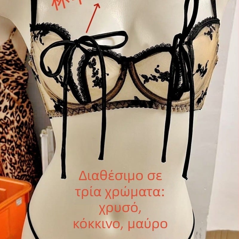 Τριών χρωμάτων σεξι σουτιέν κινεζικού στυλ με μεταλλικές ενισχύσεις, τονίζει μικρό στήθος· σετ εσωρούχων με ανοιχτή μπροστινή σχεδίαση