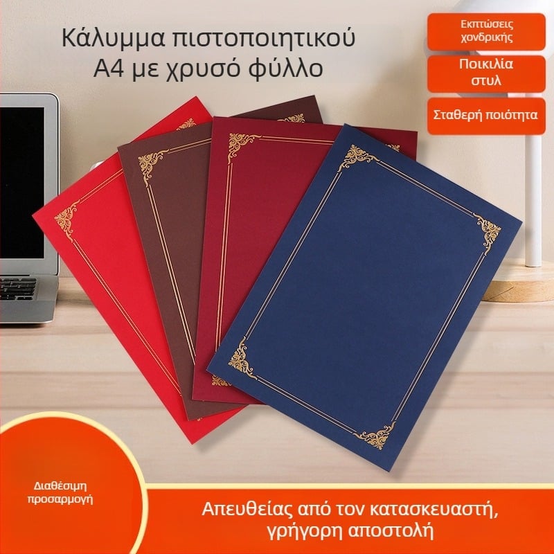 Κάλυμμα Πιστοποιητικού A4 με Χρυσό Φύλλωμα, Παχύ Ειδικό Χαρτί, Προστατευτικός Φάκελος Πτυχίων