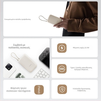 Power bank με ενσωματωμένο καλώδιο, 10000mAh, μικρού μεγέθους, 22.5W γρήγορη φόρτιση, δημιουργικός σχεδιασμός