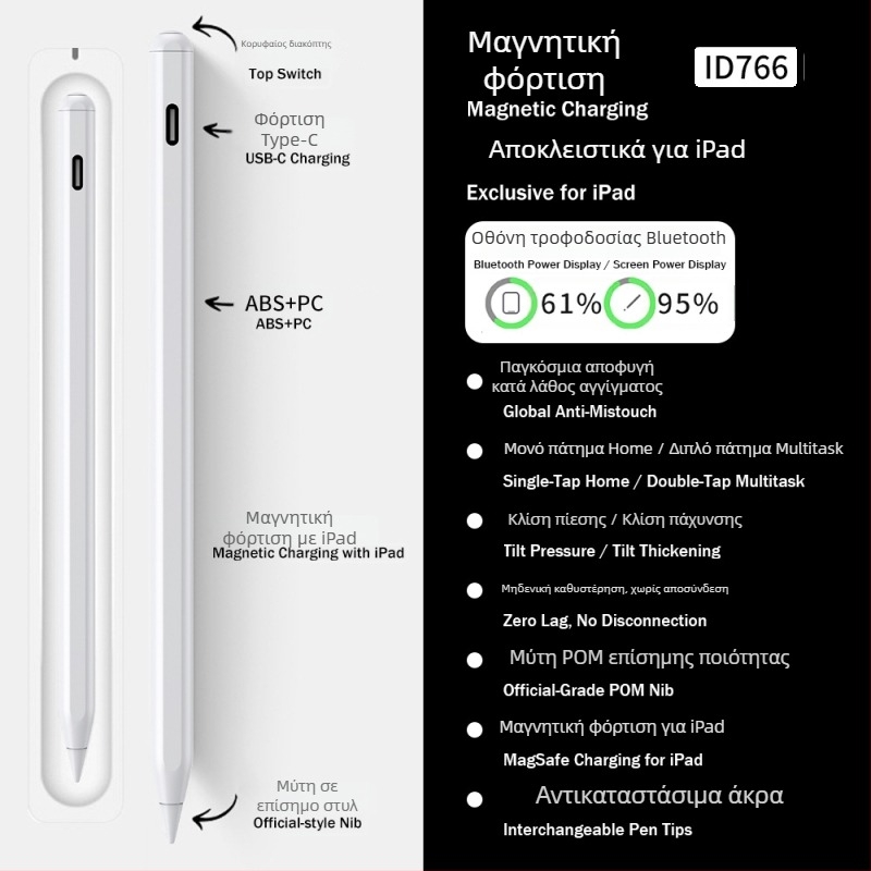 Stylus για iPad με τρία LED ένδειξης ισχύος — μαγνητικό χωρητικό για σχέδιο και γραφή