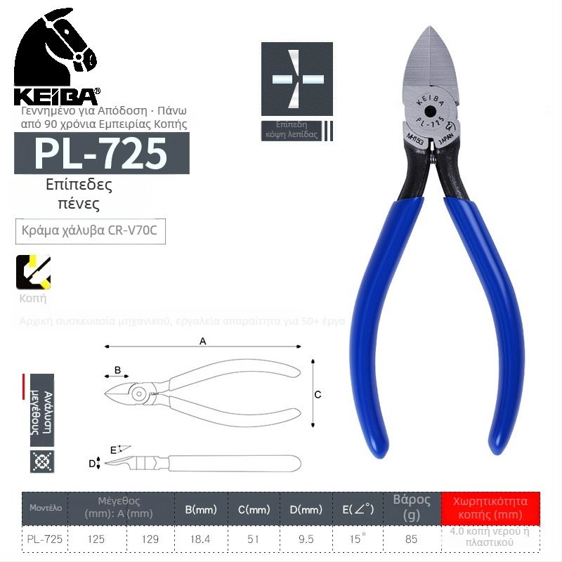 KEIBA 6 ιντσών λαβίδες PL-726 με ευθεία σιαγόνα και πλαστικό χερούλι MN-A05