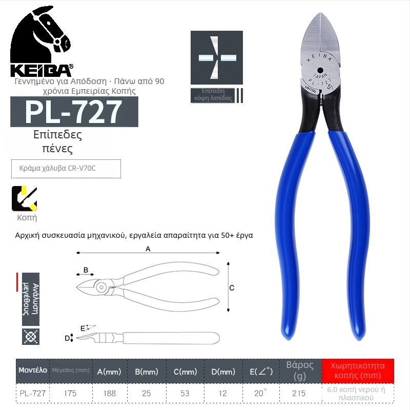 KEIBA 6 ιντσών λαβίδες PL-726 με ευθεία σιαγόνα και πλαστικό χερούλι MN-A05