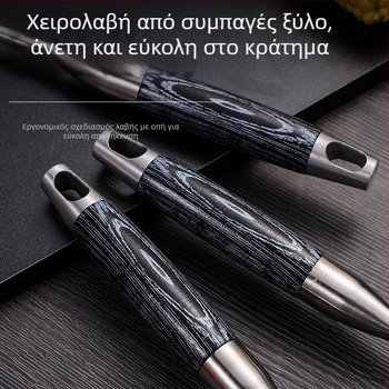 Τετράδα μαγειρικών εργαλείων από ανοξείδωτο χάλυβα 304 με μακριές λαβές και ξύλινο χειρισμό: κουτάλι σούπας, κουτάλι με τρύπες, σπατουλάκι μαγειρέματος και σπατουλάκι τηγανίσματος