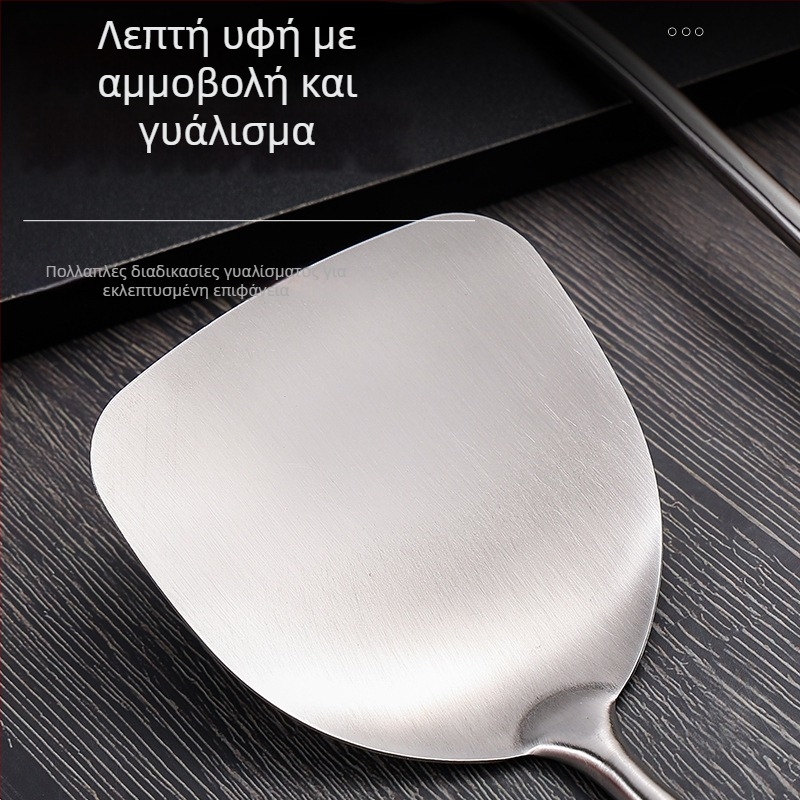 Τετράδα μαγειρικών εργαλείων από ανοξείδωτο χάλυβα 304 με μακριές λαβές και ξύλινο χειρισμό: κουτάλι σούπας, κουτάλι με τρύπες, σπατουλάκι μαγειρέματος και σπατουλάκι τηγανίσματος