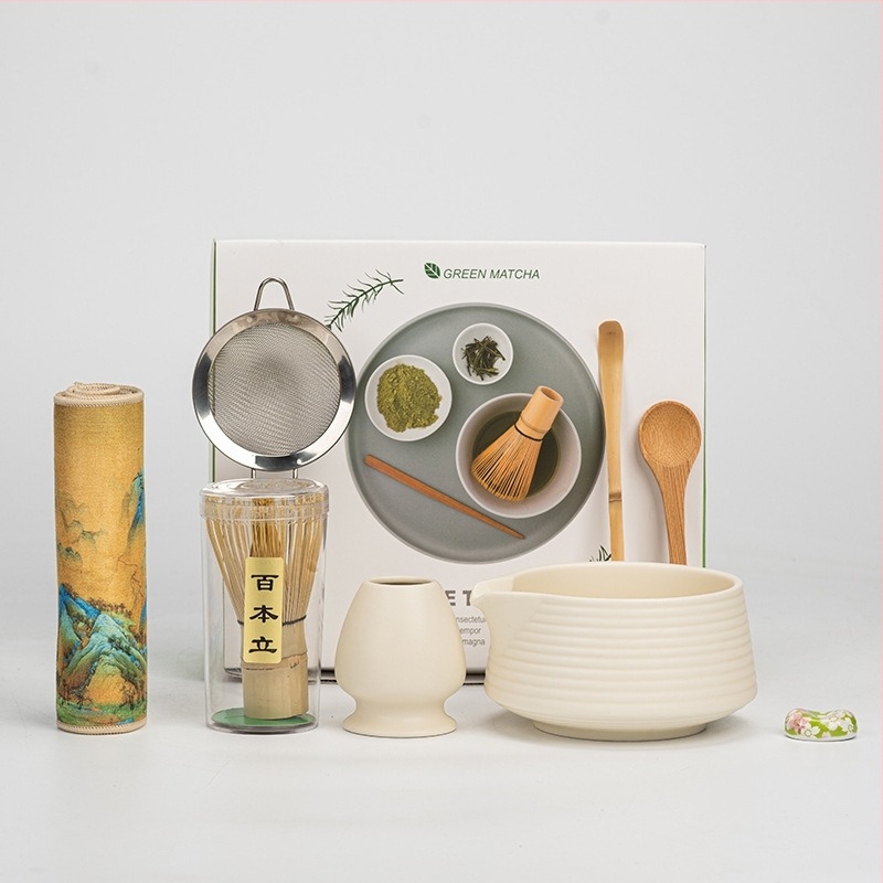 Σετ τελετής Matcha με κεραμικό μπολ για τσάι, βούρτσα μπαμπού και κουτάλι μέτρησης σε κουτί δώρου