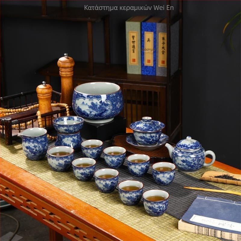 Σειρά Gongfu τσαγιού Jingdezhen από χειροποίητο μπλε-λευκό πορσελάνι με τσαγιέρα, γάιβαν και φλιτζάνια – κεραμικό σετ για οικιακή και επαγγελματική χρήση, 6-10 άτομα