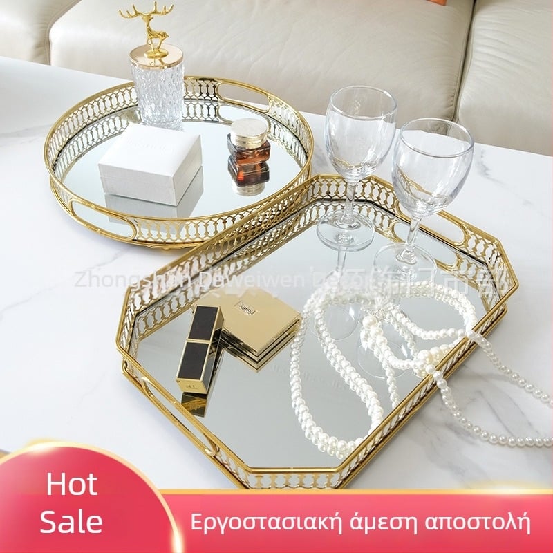 Ευρωπαϊκού στυλ πολυτελής δίσκος από γυαλί με καθρέφτη και μεταλλική αποθήκευση, για τραπεζάκι σαλονιού, δίσκος τσαγιού και νερού, διακοσμητικό πιάτο φρούτων