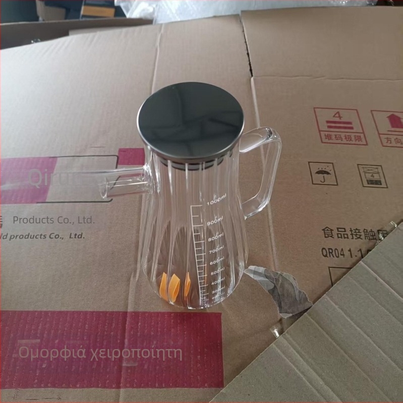 Γυάλινο δοχείο λαδιού με μεγάλη λαβή, διαβαθμισμένη κλίμακα, καπάκι από μπαμπού, σιλικονούχο στόμιο κατά της σκόνης, γυάλινο δοχείο υψηλής αντοχής