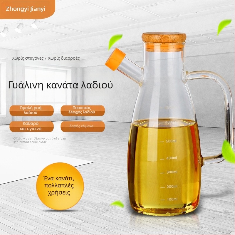 Γυάλινο δοχείο λαδιού με μεγάλη λαβή, διαβαθμισμένη κλίμακα, καπάκι από μπαμπού, σιλικονούχο στόμιο κατά της σκόνης, γυάλινο δοχείο υψηλής αντοχής