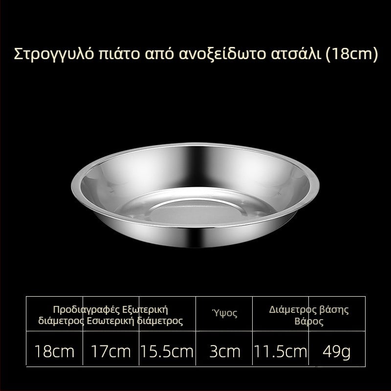 Πιάτα φαγητού από ανοξείδωτο ατσάλι με επίπεδες και βαθιές σχεδιάσεις, τρία μεγέθη: 16–17 cm, 18–19 cm, 24–25 cm.