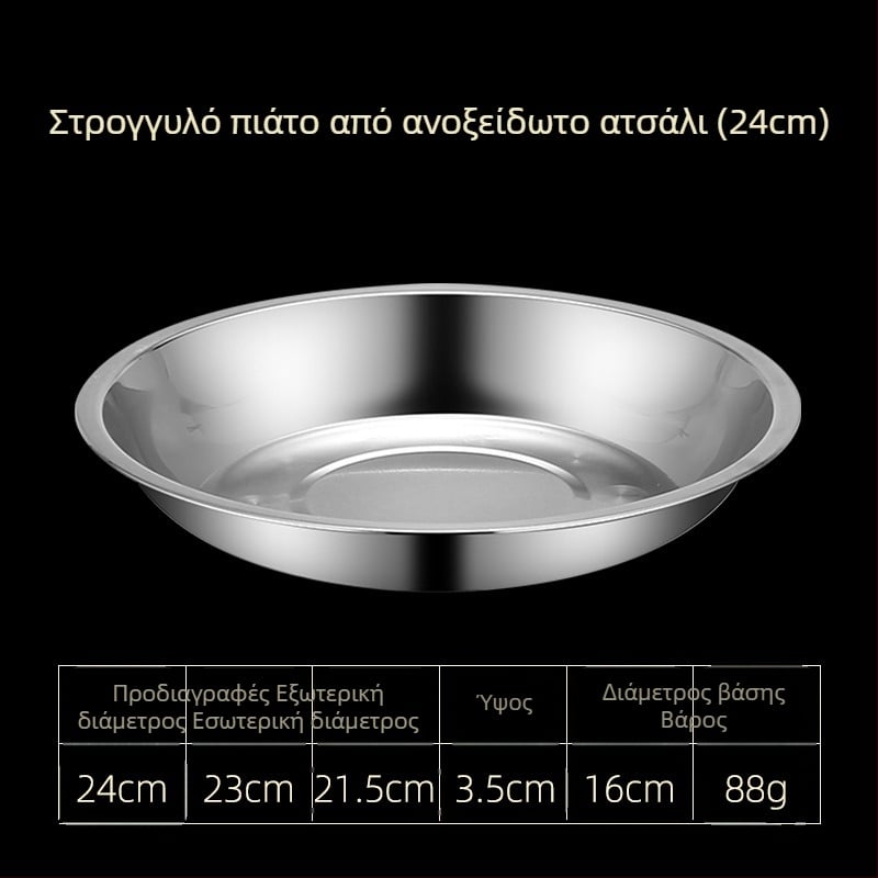 Πιάτα φαγητού από ανοξείδωτο ατσάλι με επίπεδες και βαθιές σχεδιάσεις, τρία μεγέθη: 16–17 cm, 18–19 cm, 24–25 cm.