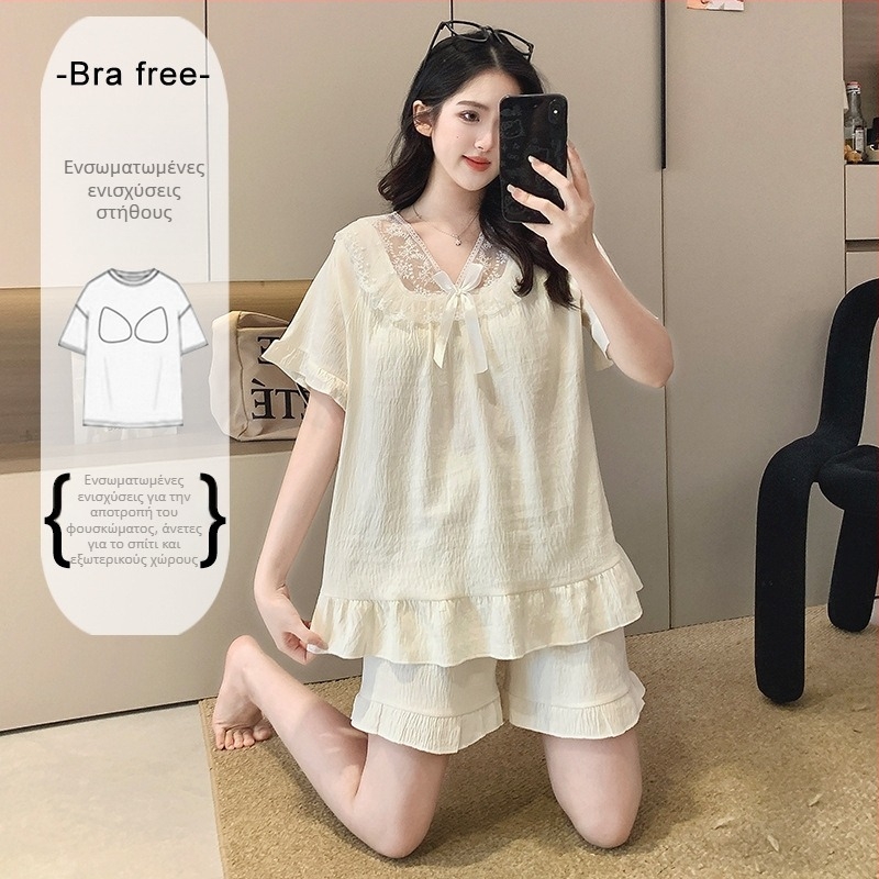 Γυναικείο σετ πιτζάμας από Cloud Cotton, καλοκαιρινό κοντομάνικο με σταθερές επενδύσεις στήθους, δαντελένια διακόσμηση, φουσκωτά μανίκια, τετράγωνο ντεκολτέ, σετ για οικιακή χρήση
