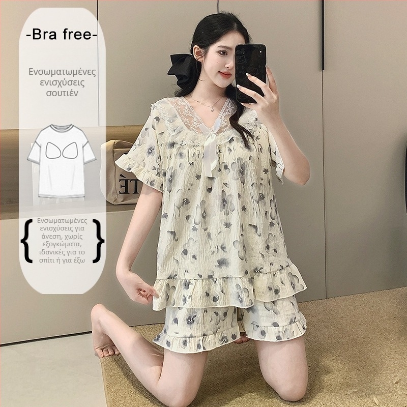 Γυναικείο σετ πιτζάμας από Cloud Cotton, καλοκαιρινό κοντομάνικο με σταθερές επενδύσεις στήθους, δαντελένια διακόσμηση, φουσκωτά μανίκια, τετράγωνο ντεκολτέ, σετ για οικιακή χρήση