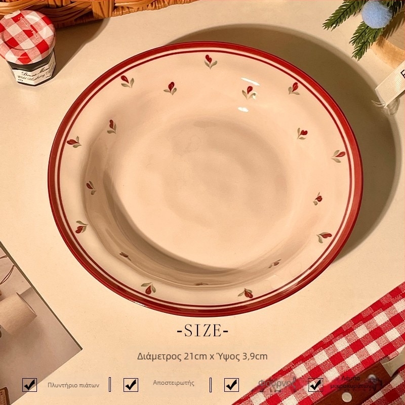 Σετ μπολ και πιάτων πορσελάνης με κόκκινα φλοραλ σχέδια υπό γλάσο, για οικιακή χρήση, χαριτωμένο