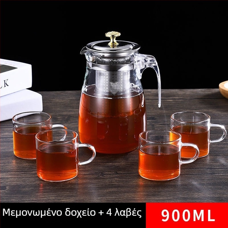 Γυάλινη τσαγιέρα με ανοξείδωτες λεπτομέρειες, θερμοανθεκτική, σύστημα διαχωρισμού τσαγιού και νερού