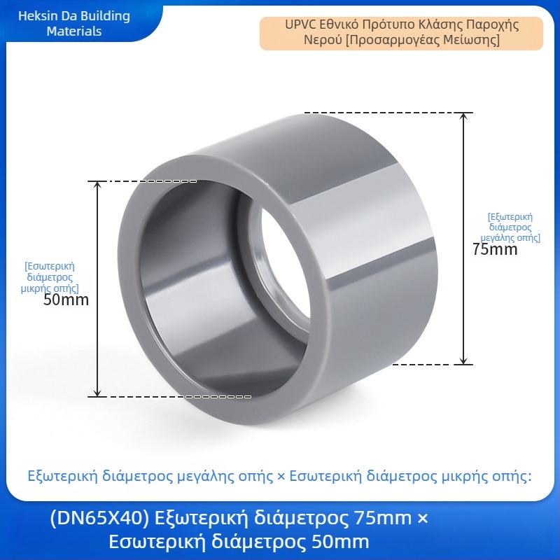 UPVC μειωτής διαμέτρου ύδρευσης με πυρήνα πλήρωσης, ανοιχτό γκρι, ανθεκτικό σε οξέα και αλκαλίες, 25×20 mm
