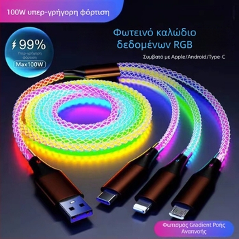Καλώδιο δεδομένων USB‑C με PD γρήγορη φόρτιση 6A, RGB φωτισμό, με τριπλό συνδετήρα