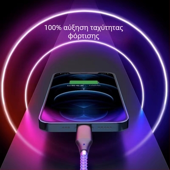 Καλώδιο δεδομένων USB‑C με PD γρήγορη φόρτιση 6A, RGB φωτισμό, με τριπλό συνδετήρα