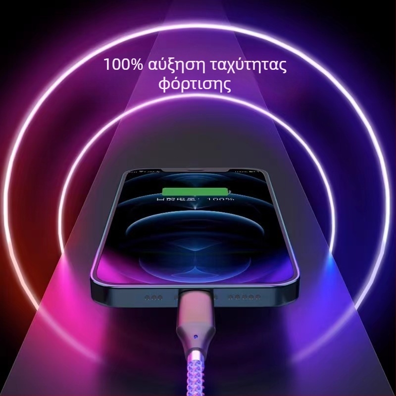 Καλώδιο δεδομένων USB‑C με PD γρήγορη φόρτιση 6A, RGB φωτισμό, με τριπλό συνδετήρα