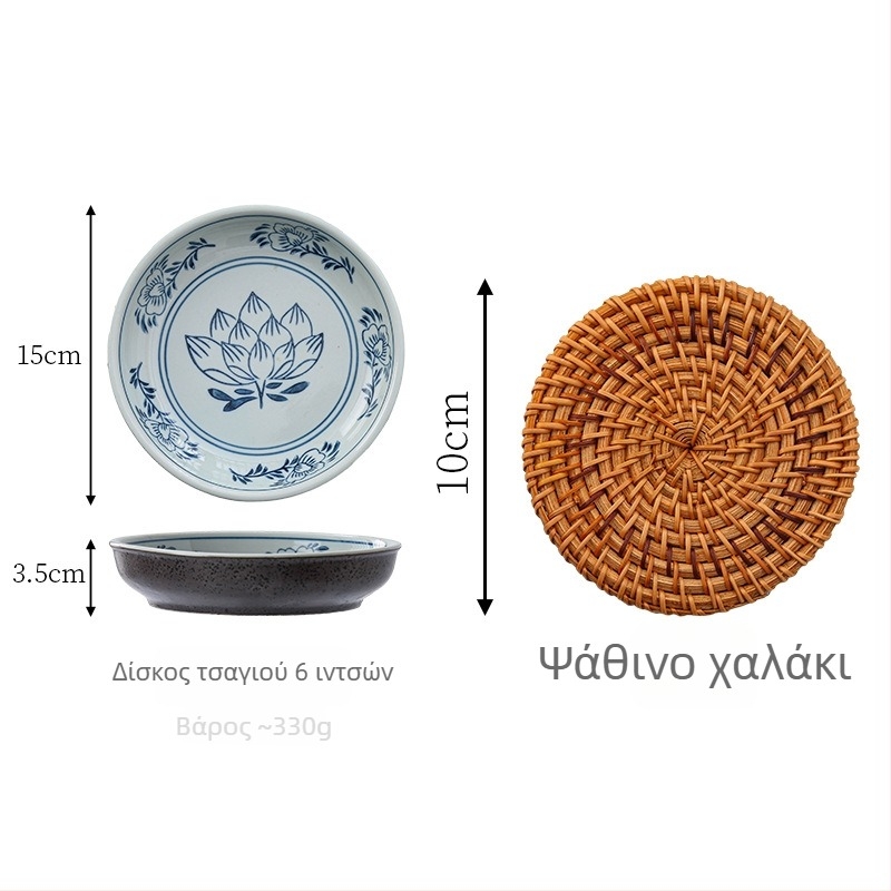 Τσαγιέρα με ρετρό μπλε λωτό, ράταν δίσκος στέγνωσης, βάση για τσαγιέρα από φαιό πηλό, μεγάλη βάση από ίνες λουφά με αποθήκευση νερού