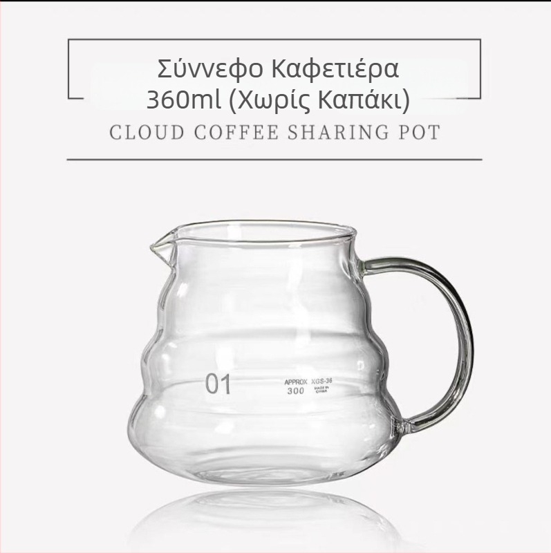 Γυάλινο σετ καφέ pour-over: κανάτα σε μορφή συννεφιάς, ποτήρι για κοινή χρήση και μετρητής — συμπαγές σετ από γυαλί μποροσίλιτικ