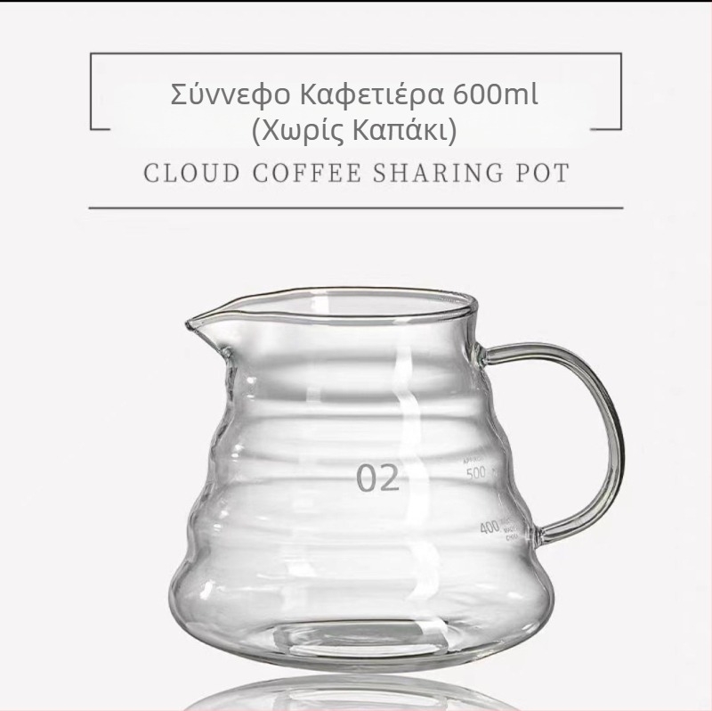 Γυάλινο σετ καφέ pour-over: κανάτα σε μορφή συννεφιάς, ποτήρι για κοινή χρήση και μετρητής — συμπαγές σετ από γυαλί μποροσίλιτικ