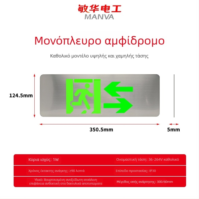 Ενδεικτικό εξόδου κινδύνου από βουρτσισμένο ανοξείδωτο χάλυβα, πολύ λεπτό, LED φωτισμός έκτακτης ανάγκης