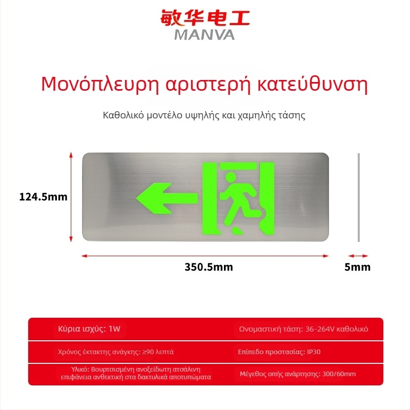 Ενδεικτικό εξόδου κινδύνου από βουρτσισμένο ανοξείδωτο χάλυβα, πολύ λεπτό, LED φωτισμός έκτακτης ανάγκης