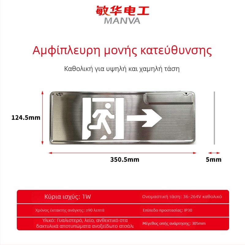 Ενδεικτικό εξόδου κινδύνου από βουρτσισμένο ανοξείδωτο χάλυβα, πολύ λεπτό, LED φωτισμός έκτακτης ανάγκης