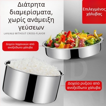 Διπλού επιπέδου ανοξείδωτος θερμός κάδος με λαβή, τριών επιπέδων κουτί γεύματος για ενήλικες, μεγάλης χωρητικότητας
