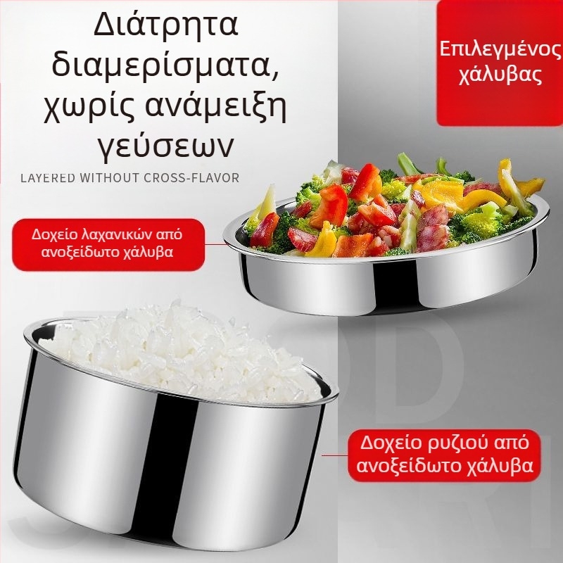 Διπλού επιπέδου ανοξείδωτος θερμός κάδος με λαβή, τριών επιπέδων κουτί γεύματος για ενήλικες, μεγάλης χωρητικότητας