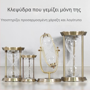 Χαλκινοχρωματισμένη κλεψύδρα με τρεις κολόνες και άμμο, χειροποίητο γυάλινο διακοσμητικό από βορριοσιλικό γυαλί για υπνοδωμάτιο ή γραφείο, με χαραγμένο λογότυπο