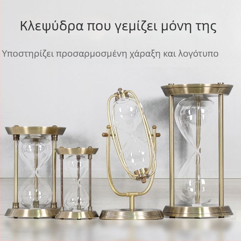 Χαλκινοχρωματισμένη κλεψύδρα με τρεις κολόνες και άμμο, χειροποίητο γυάλινο διακοσμητικό από βορριοσιλικό γυαλί για υπνοδωμάτιο ή γραφείο, με χαραγμένο λογότυπο