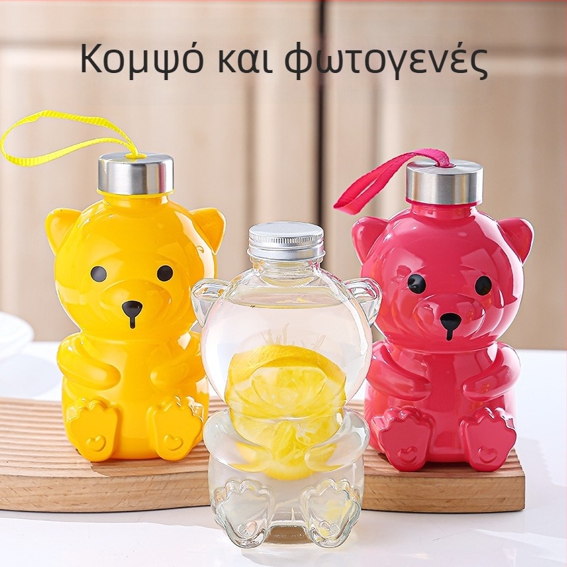 Γυάλινο μπουκάλι για τσάι με γάλα, με σχέδιο γλυκού μικρού αρκουδάκι, δημιουργική μικρή φιάλη για φρουτώδες τσάι, κρασί και οινοπνευματώδη