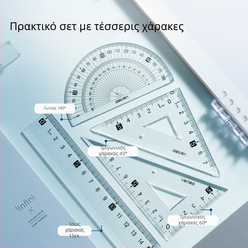 Deli 4 τεμάχιο σετ χάρακων και πυξίδων για μαθητές, περιλαμβάνει 15 cm χάρακα, τριγωνικό χάρακα και διαβήτης γωνιών