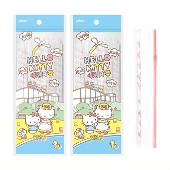 Καλαμάκια μίας χρήσης Yijie Sanrio σε συνεργασία, 25 τεμάχια ανά πακέτο, με σχέδιο καρτούν, εύκαμπτα, ατομικά συσκευασμένα