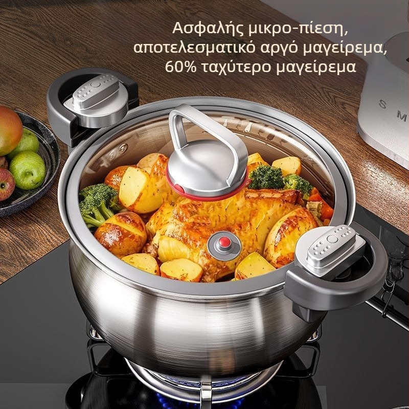 Κατσαρόλα σούπας από ανοξείδωτο ατσάλι 304, χωρίς επίστρωση, με γυάλινο καπάκι και διπλές λαβές, συμβατή με γκάζι και επαγωγή
