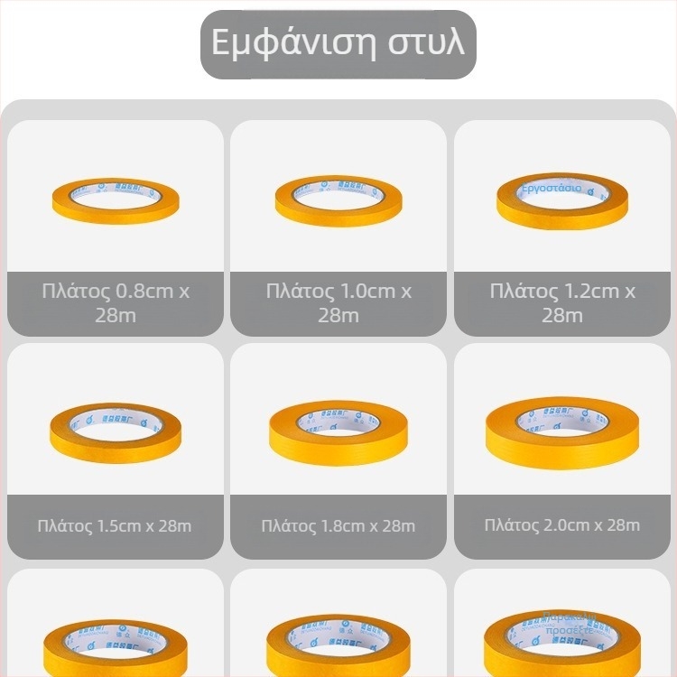 Χαρτί μασκάρισμα για ψεκαστική βαφή και χαρτοταινία, ανθεκτικό σε υψηλές θερμοκρασίες, κίτρινο, ισχυρή πρόσφυση, διακοσμητικές ραφές, μήκος 28 μ