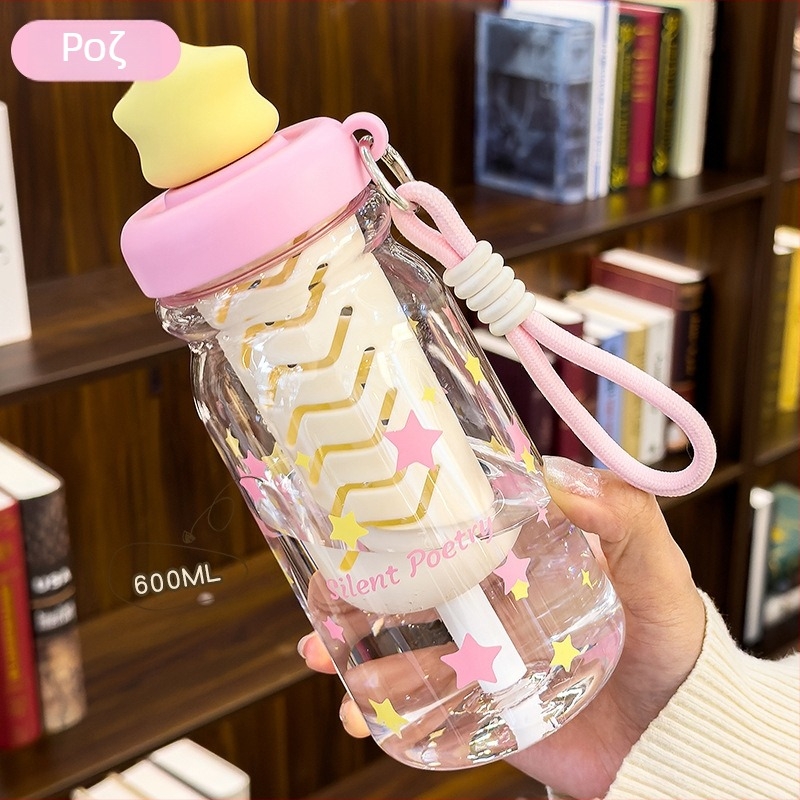 Star Language Bubble Straw Cup για παιδιά και μαθητές, φορητή πλαστική κούπα νερού με χαριτωμένη λαβή σε cartoon σχέδιο, δώρο για κορίτσια
