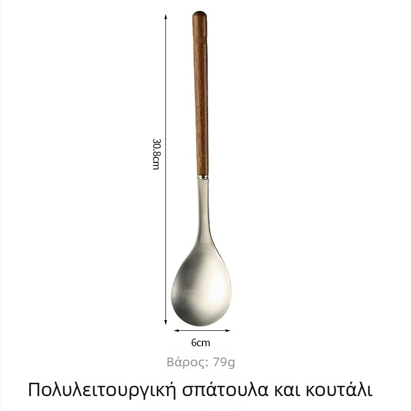 Σετ κουταλιών σαλάτας από ανοξείδωτο 304, δημιουργικό ρετρό σχέδιο, μακριά λαβή ξύλινο κουτάλι ανάμειξης και πιρούνι για ψάρι